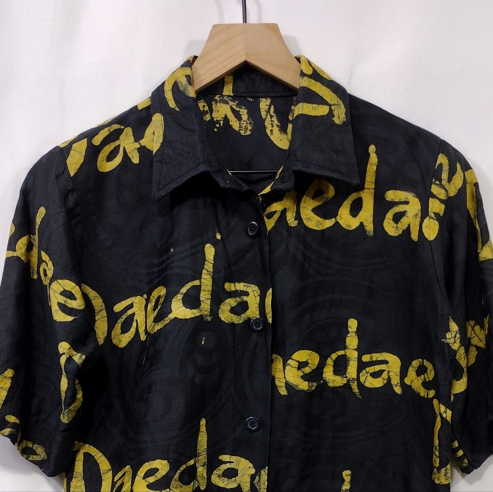 Women's Graphic Button Shirt Women's M Black Yellow Grunge Rockabilly Boho Retro - Picture 2 of 6